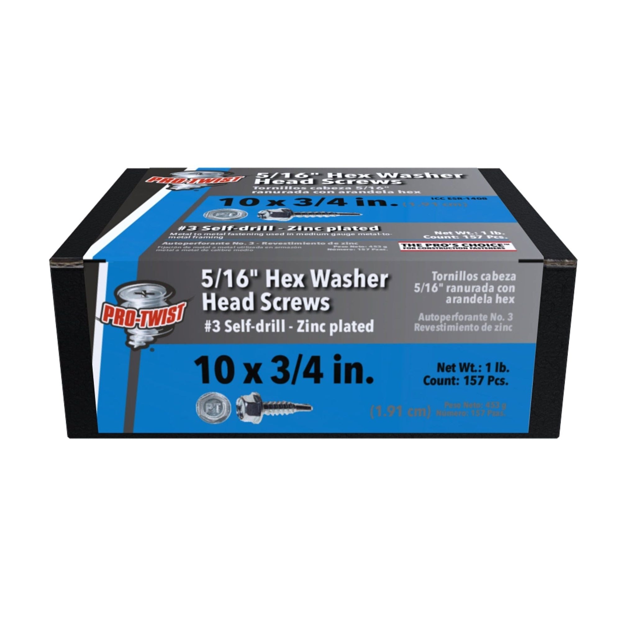 A black and blue box of Pro-Twist PRO-TWIST NHWD10341 contains 157 zinc-plated #10 x 3/4 #3 self-drill hex washer head screws. Weighing 1 lb., this packaging includes English and Spanish text, designed for steel applications.